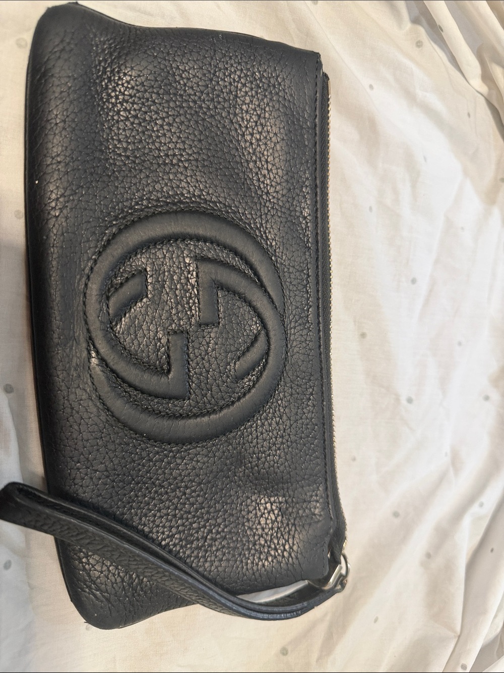 Gucci Black Pebbled Leather Wristlet with Embossed GG